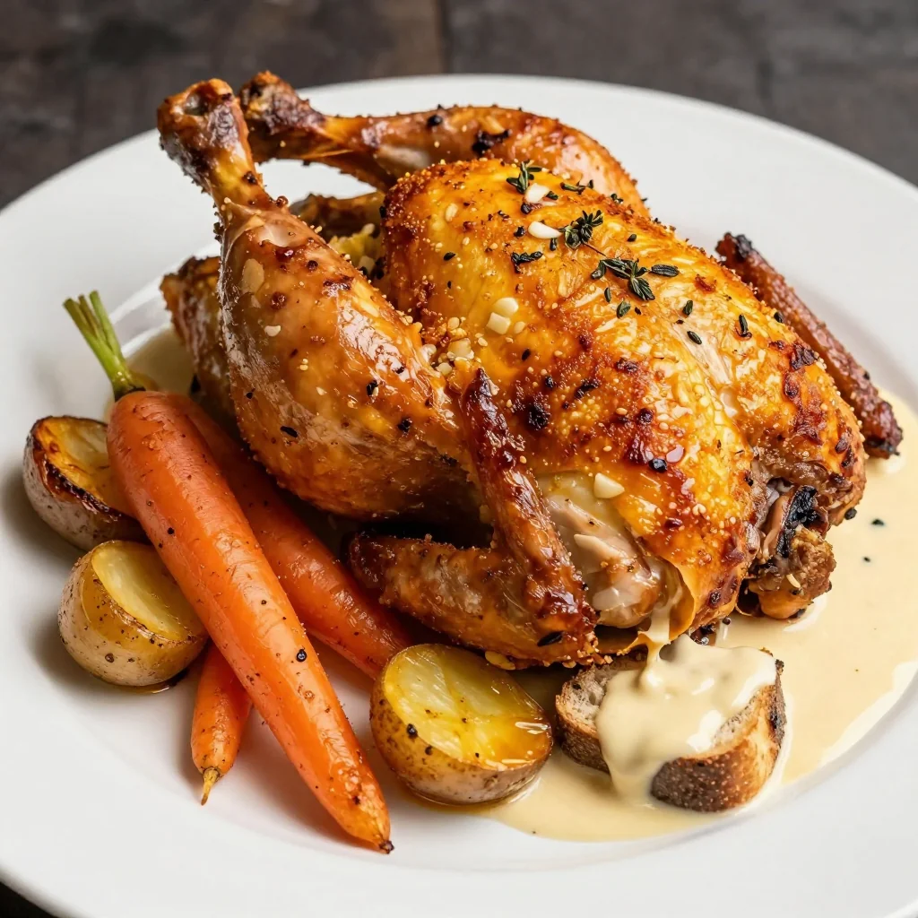 creamy garlic and herb roasted chicken with root vegetables for january