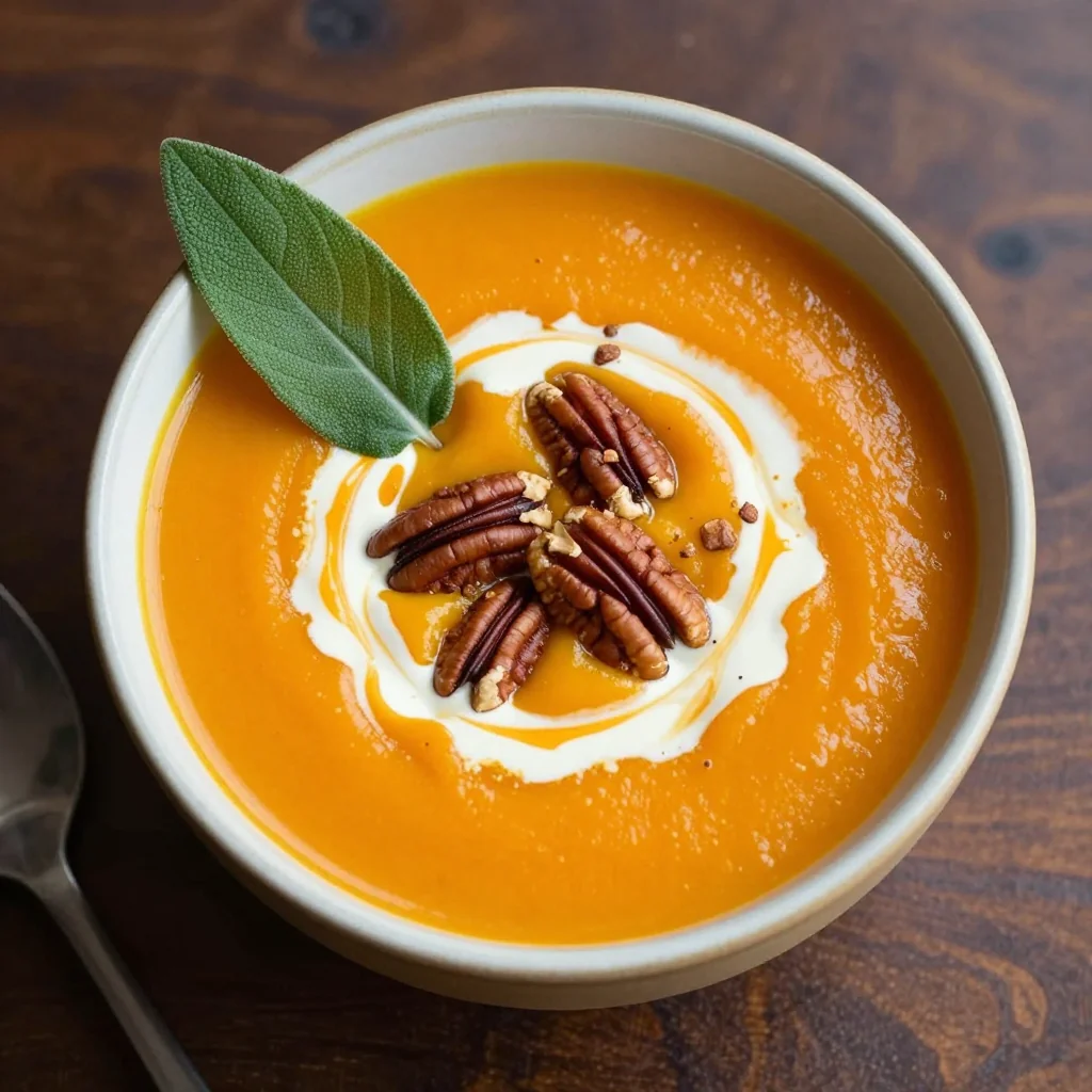 creamy pumpkin sage soup with toasted pecans for cozy evenings