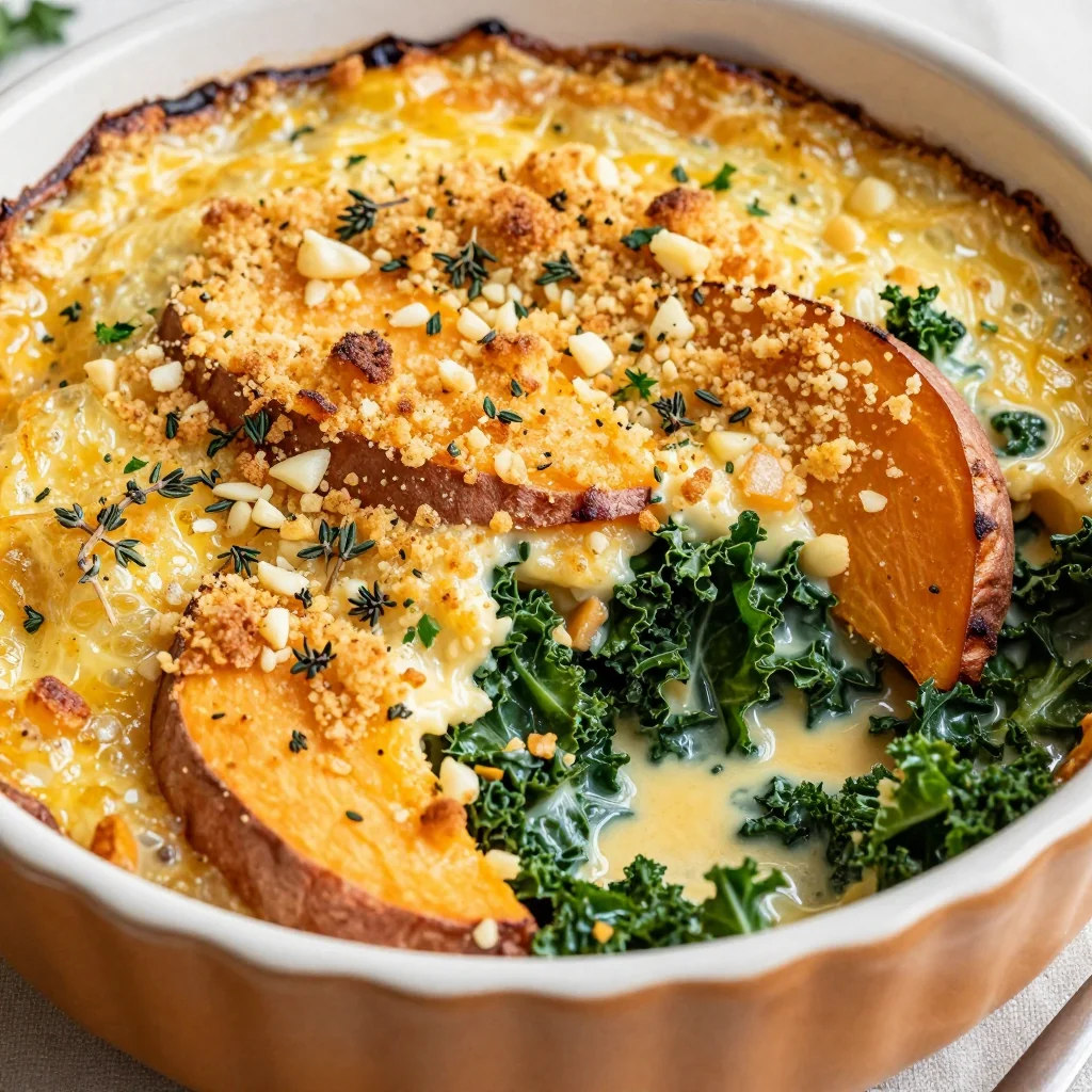creamy sweet potato and kale gratin with garlic herb crust