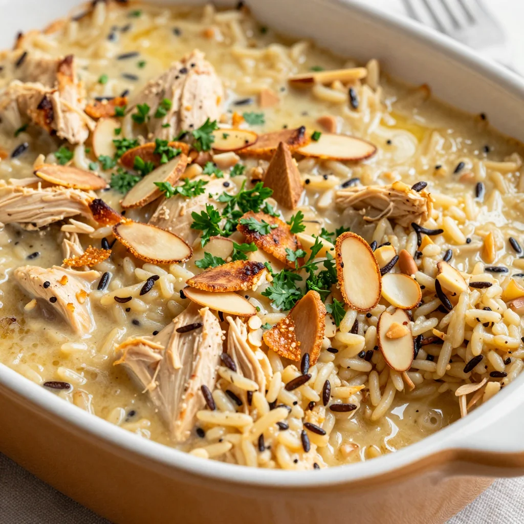 Easy Creamy Chicken and Wild Rice Casserole with Almonds