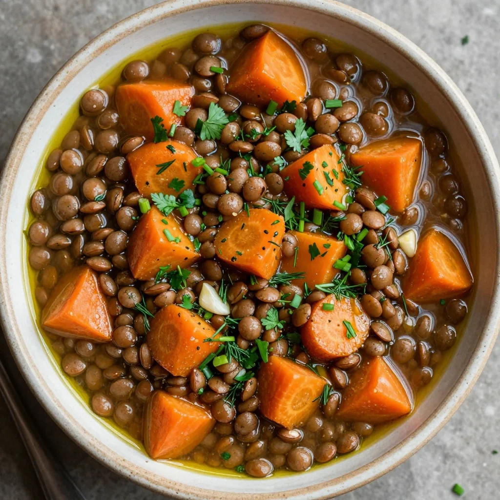 easy meal prep lentil and carrot stew with fresh herbs and garlic