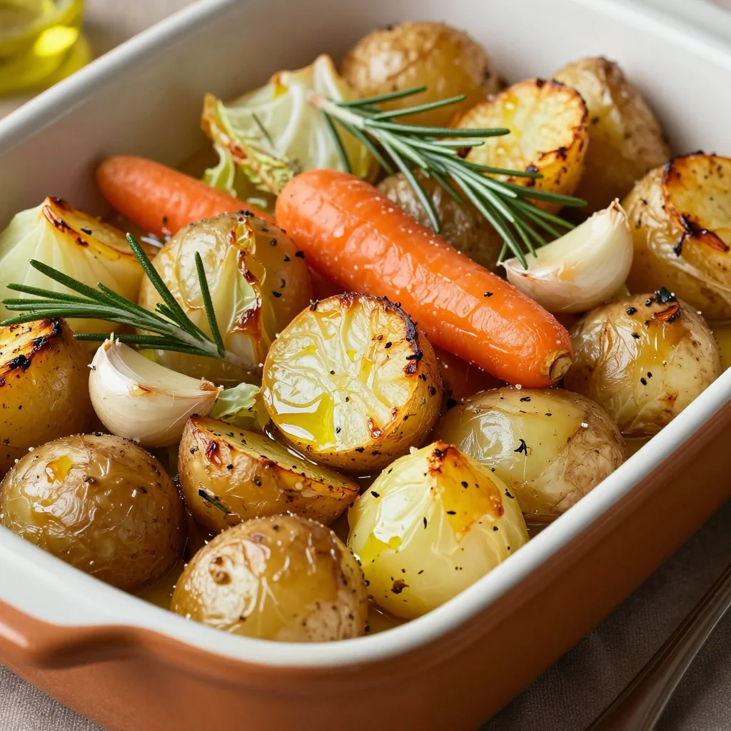 garlic roasted root vegetable bake with potatoes and cabbage for winter
