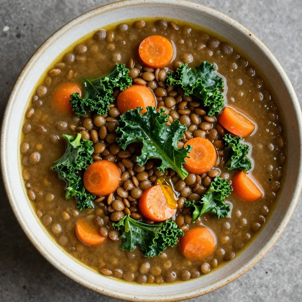 healthy batch cooking lentil carrot and kale soup for cold days