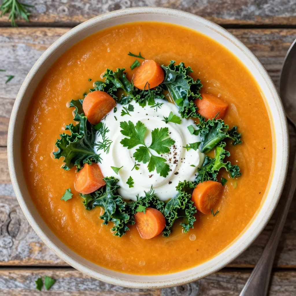 healthy kale and carrot soup with fresh herbs for cold january nights