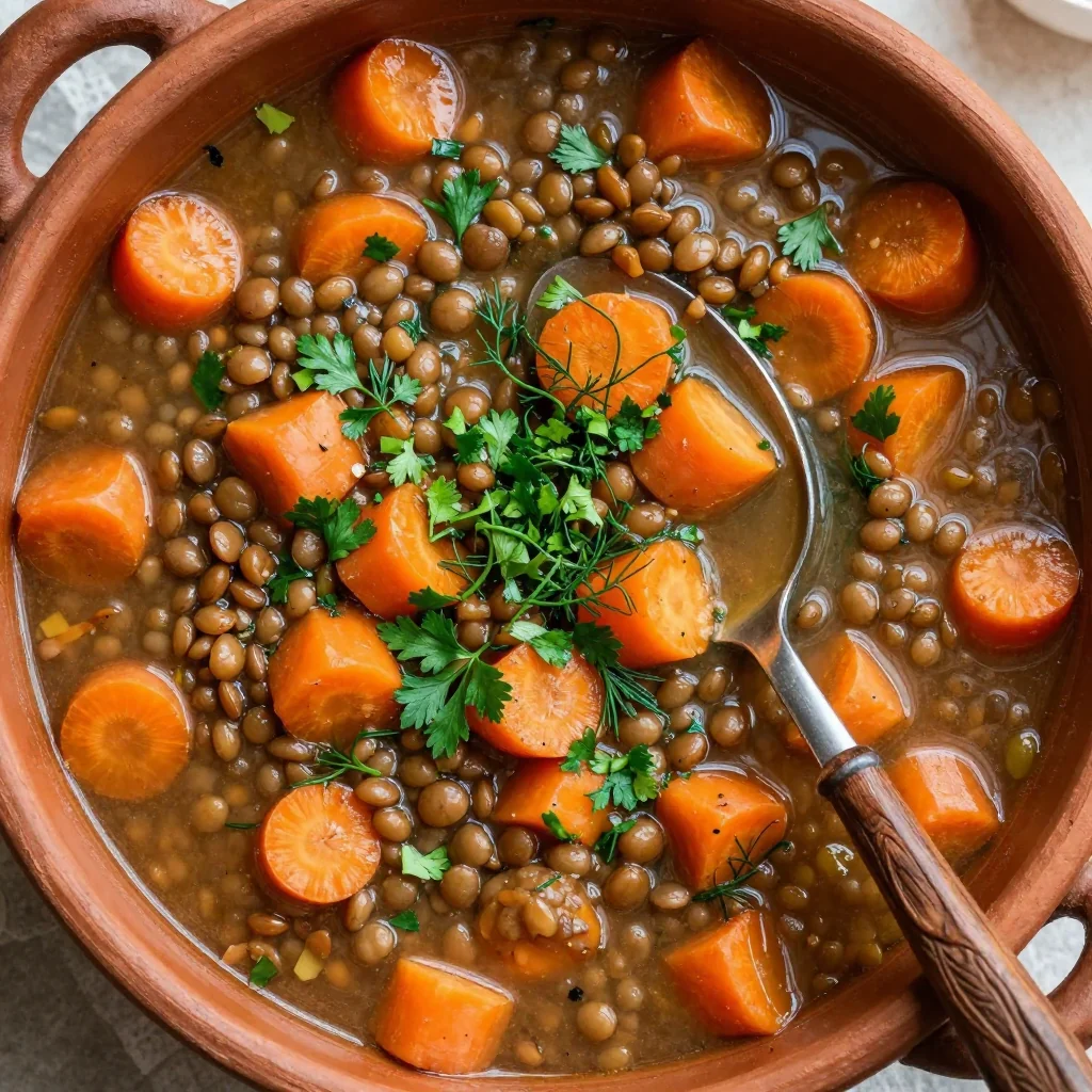 healthy one pot lentil and carrot stew with fresh herbs and garlic
