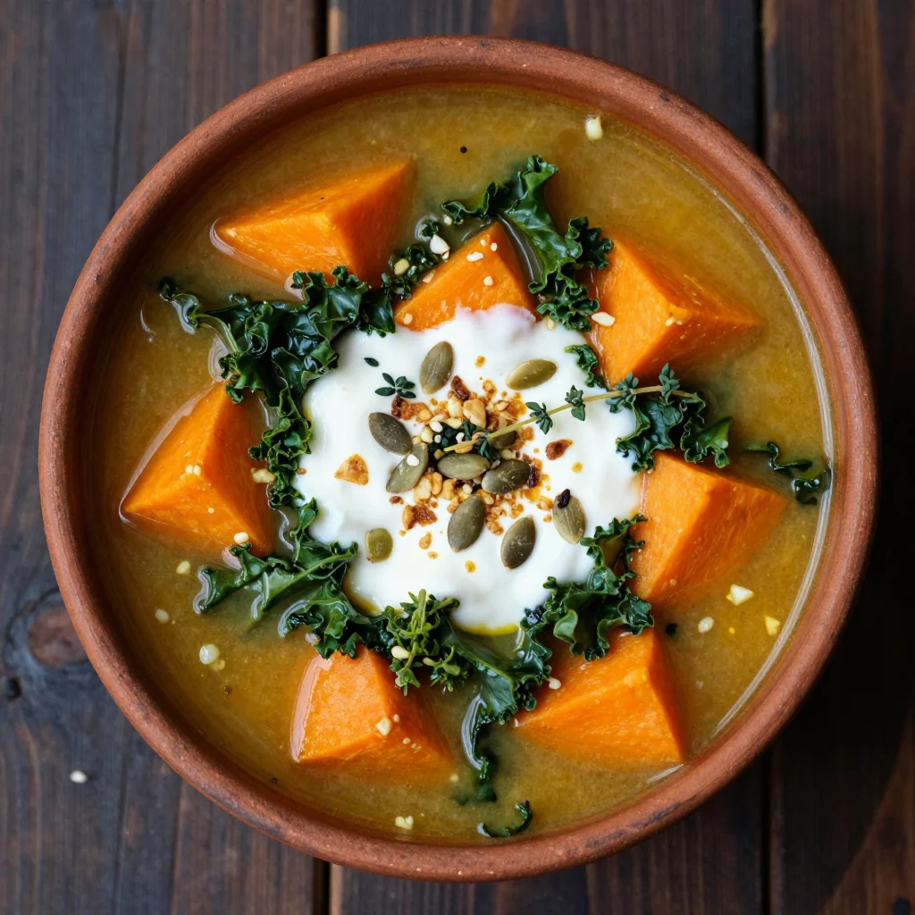 hearty sweet potato and kale soup with garlic for cozy january evenings