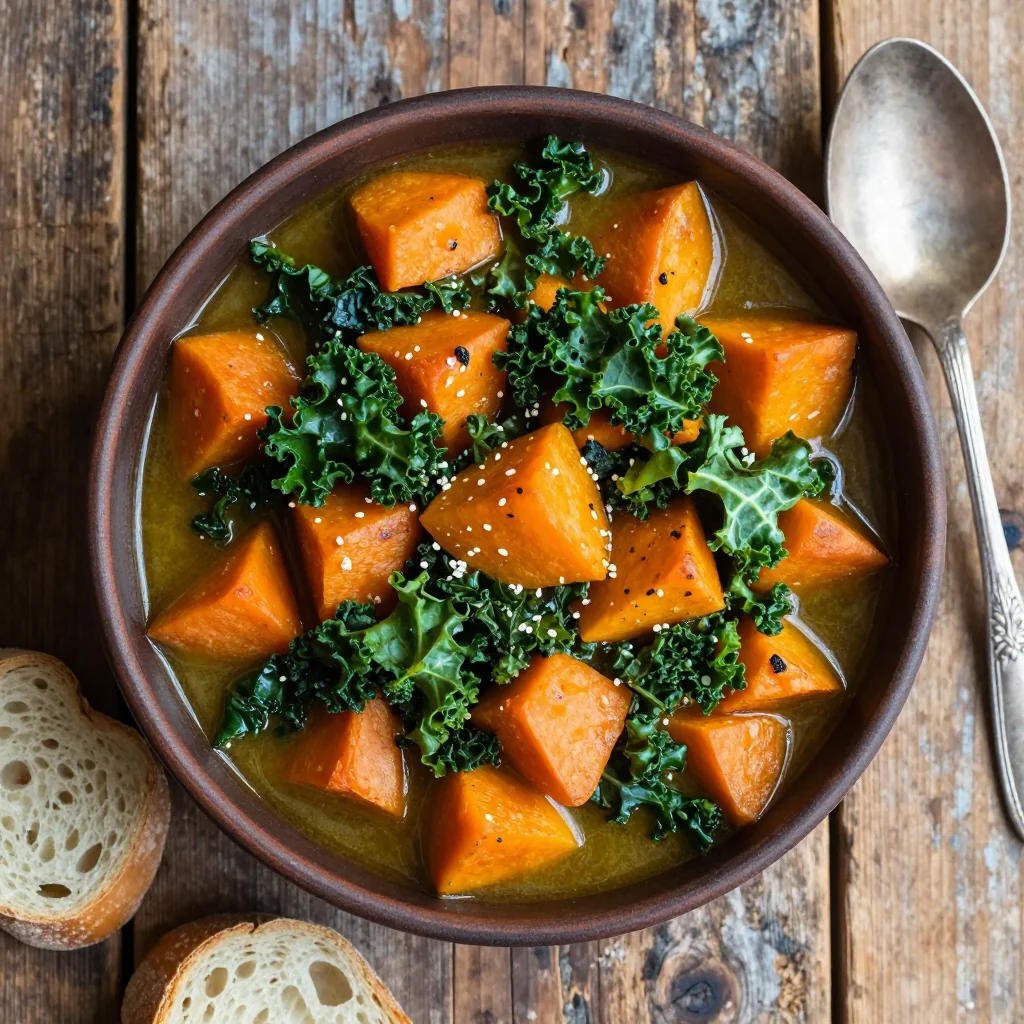 hearty sweet potato and kale stew with garlic for cold winter nights