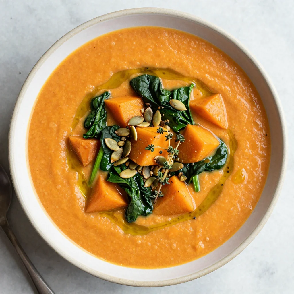 hearty sweet potato and spinach soup with garlic for winter nights