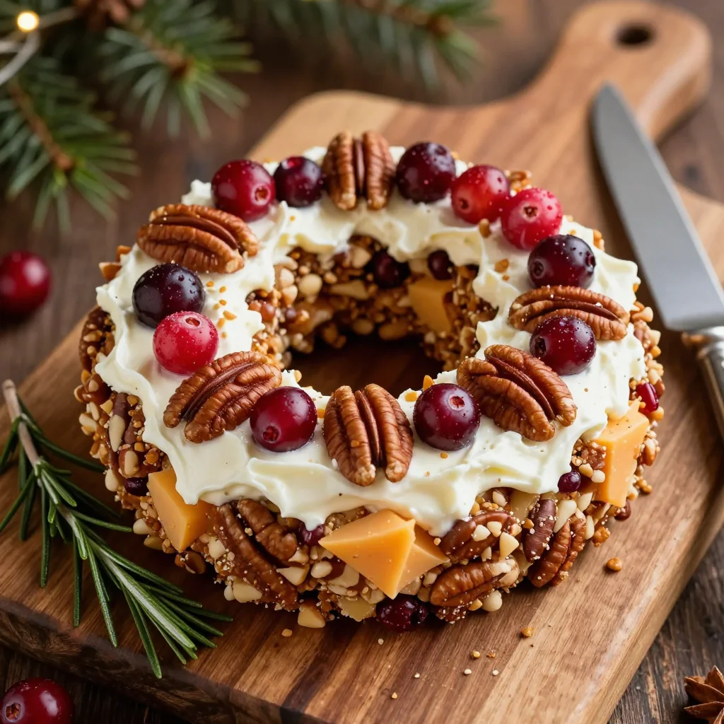 holiday cheese ball with pecans and fresh cranberries for party guests