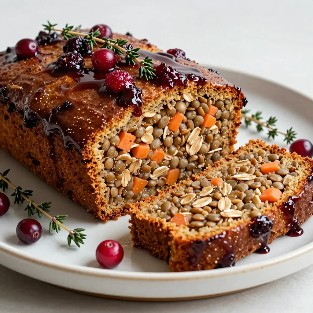 homemade vegan lentil loaf with cranberry glaze for healthy winter dinners