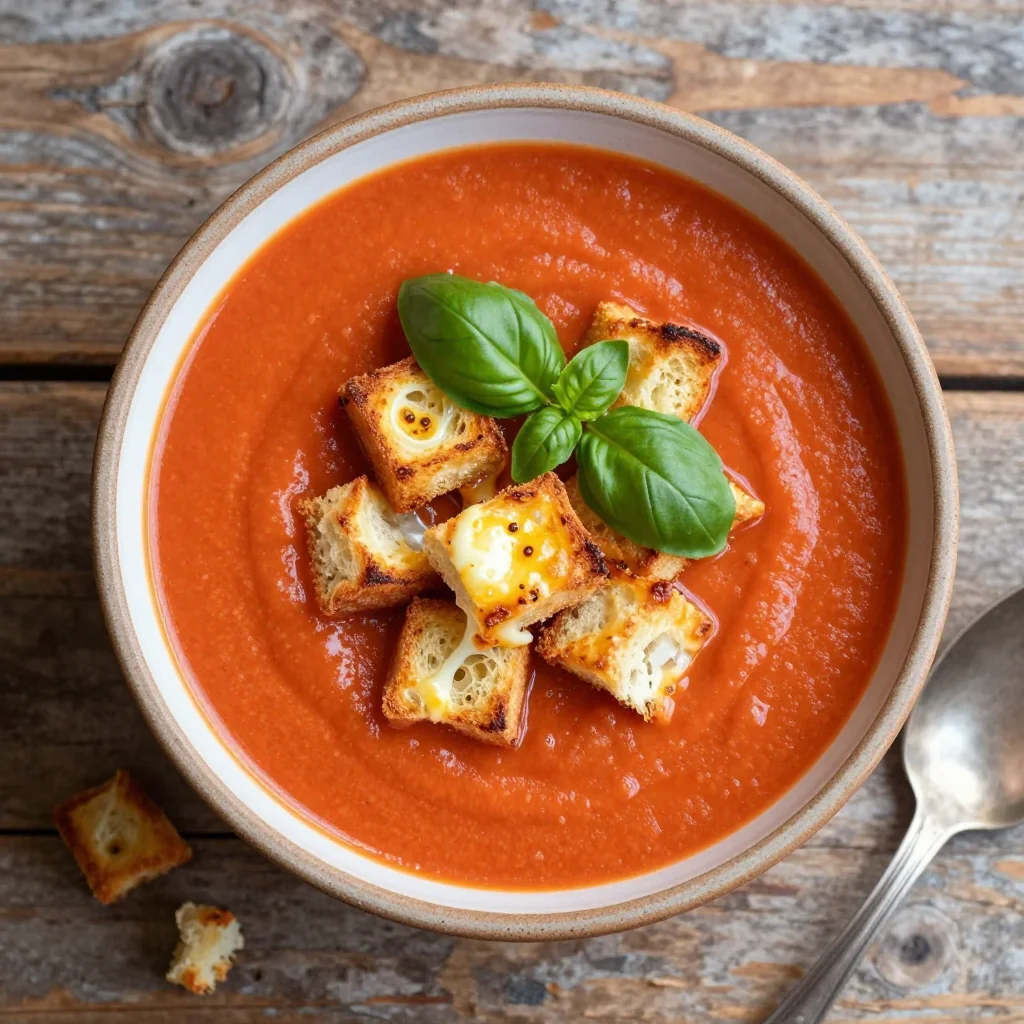 One Pot Creamy Tomato Basil Soup and Grilled Cheese Croutons