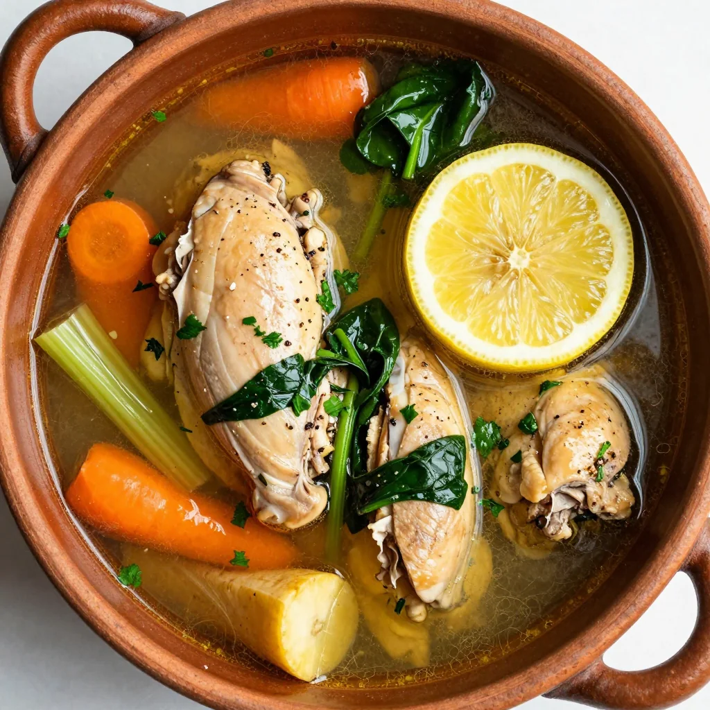 one pot garlic and lemon chicken soup with spinach and winter vegetables