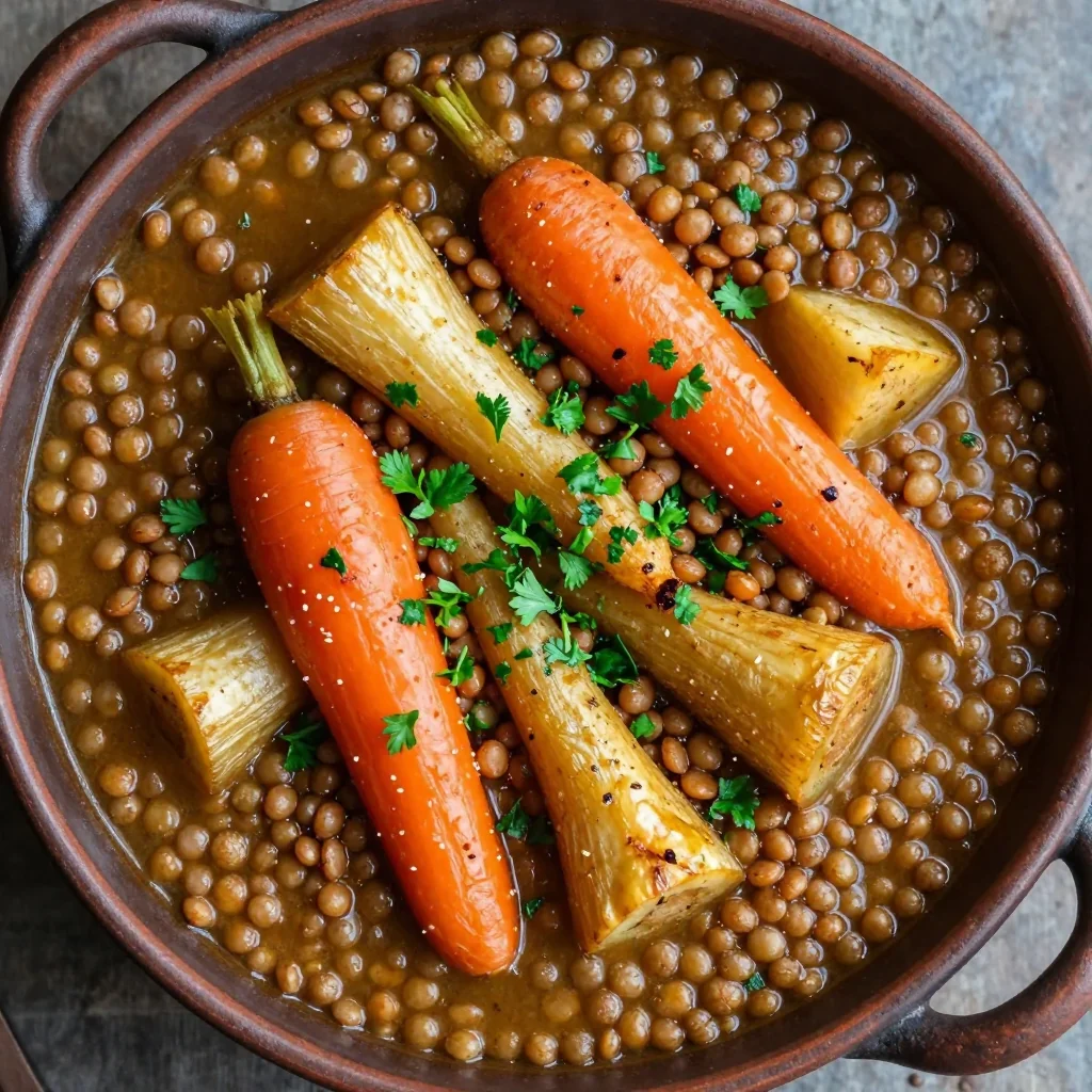 one pot lentil and garlic roasted winter vegetable stew for meal prep