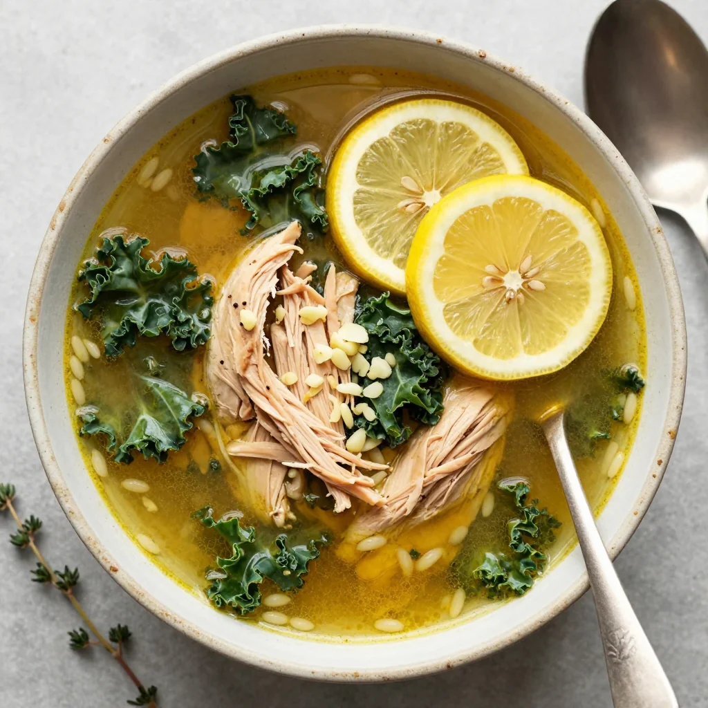 onepot lemon chicken soup with kale and garlic for nourishing meals