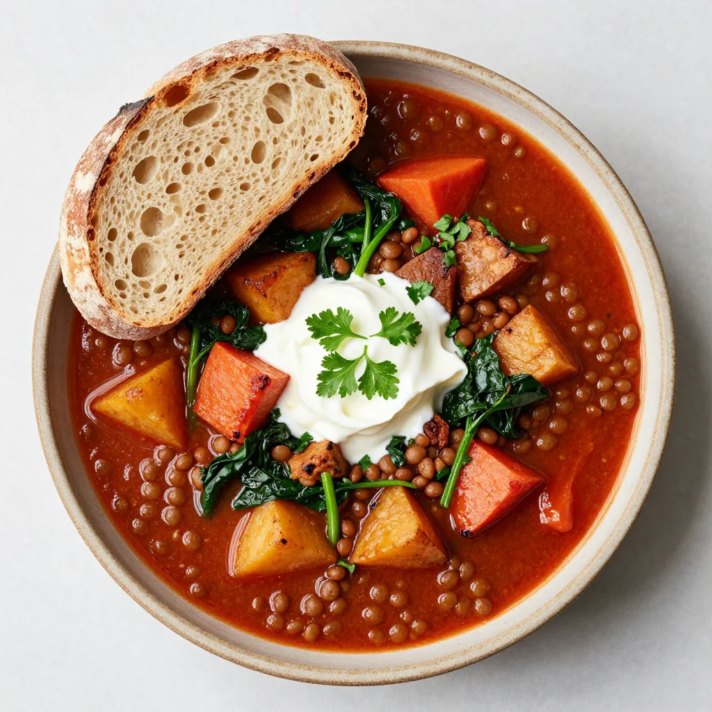 onepot lentil and roasted root vegetable stew with spinach for healthy meals