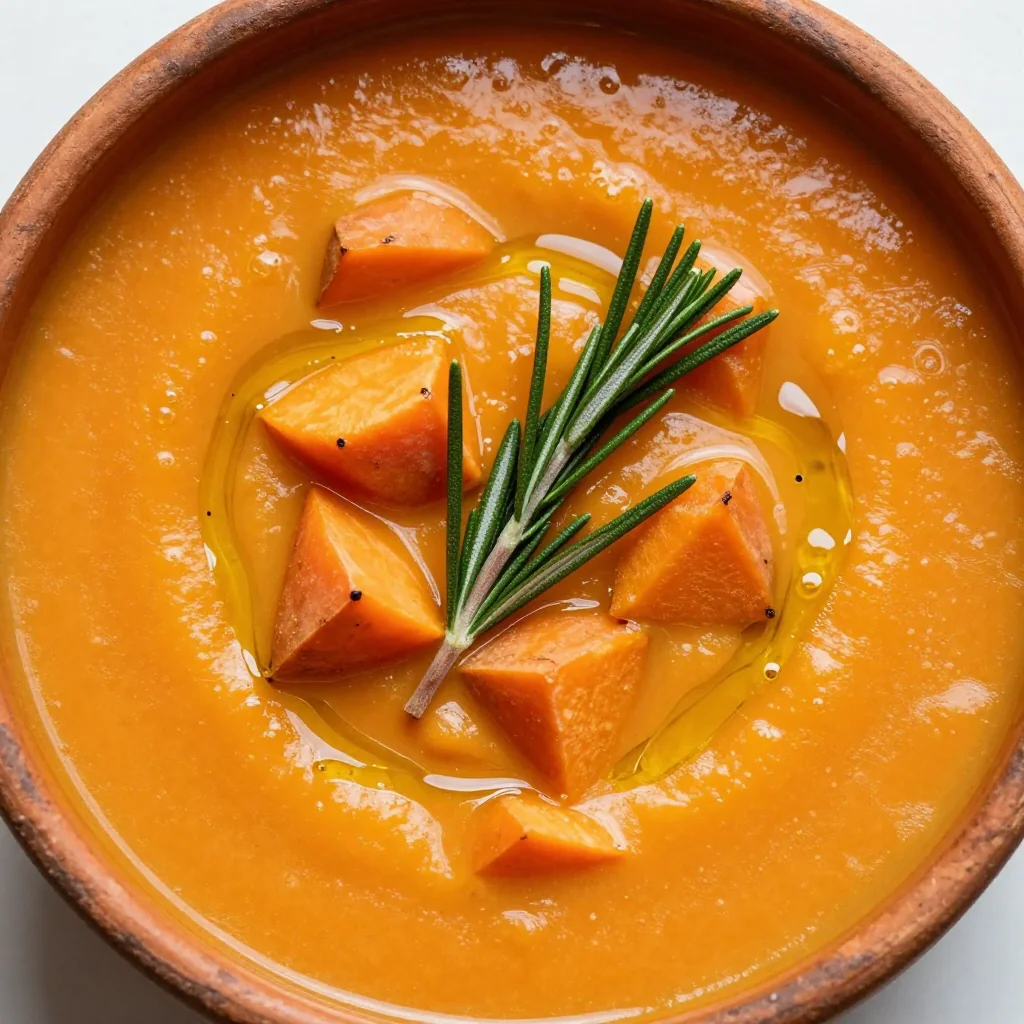 onepot sweet potato and carrot soup with garlic and fresh rosemary