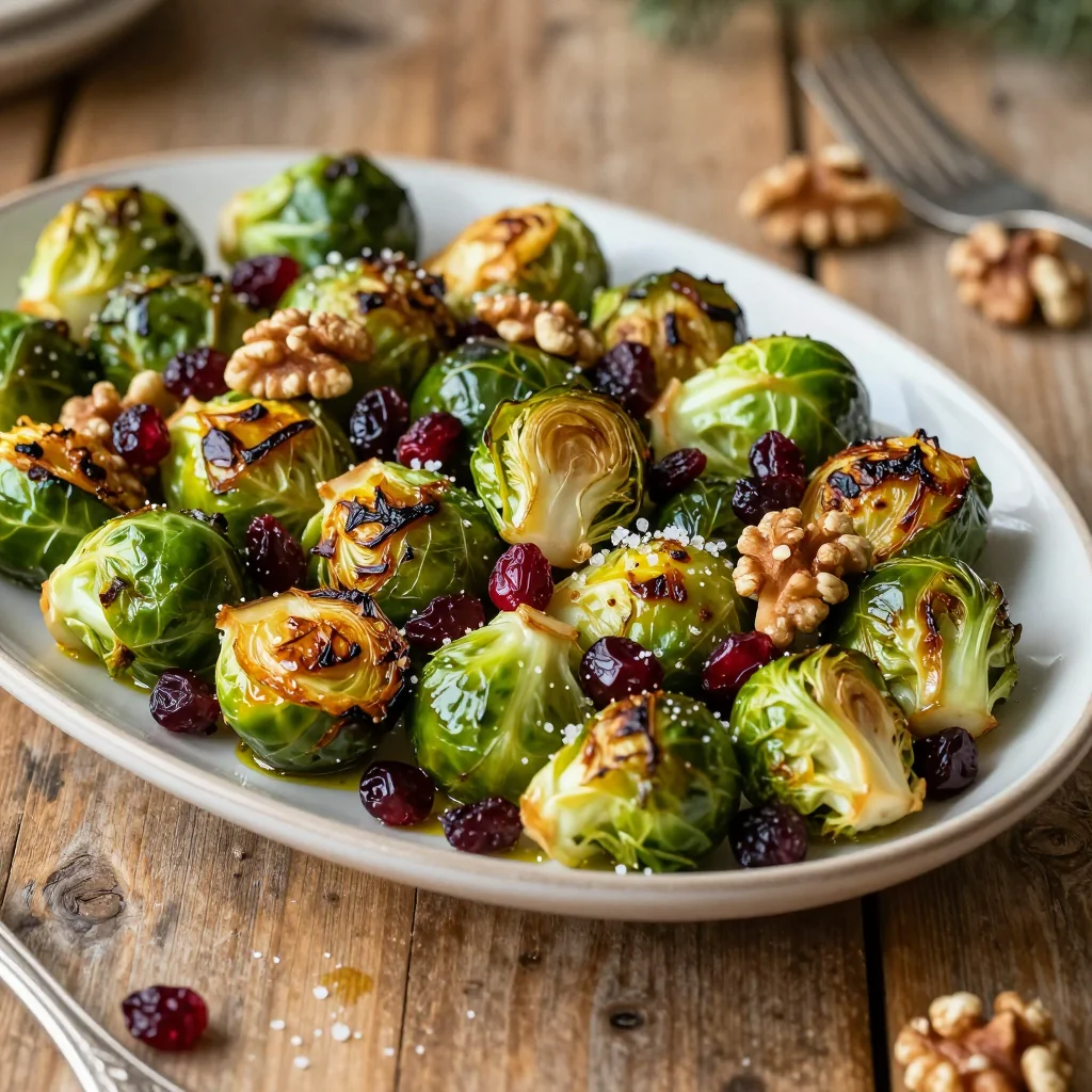 roasted brussels sprouts with cranberries and toasted walnuts for holidays