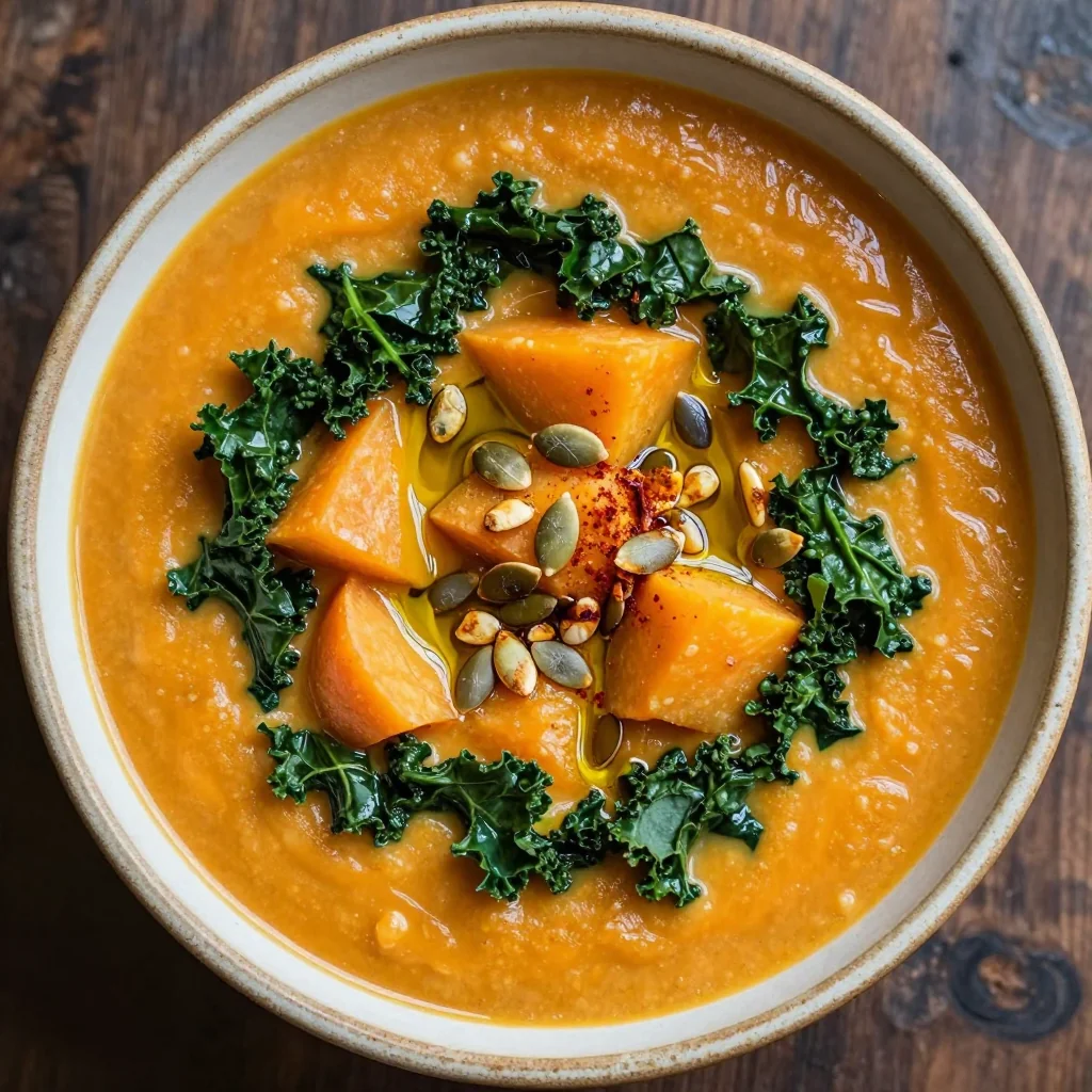 savory sweet potato and kale soup for warm winter evenings