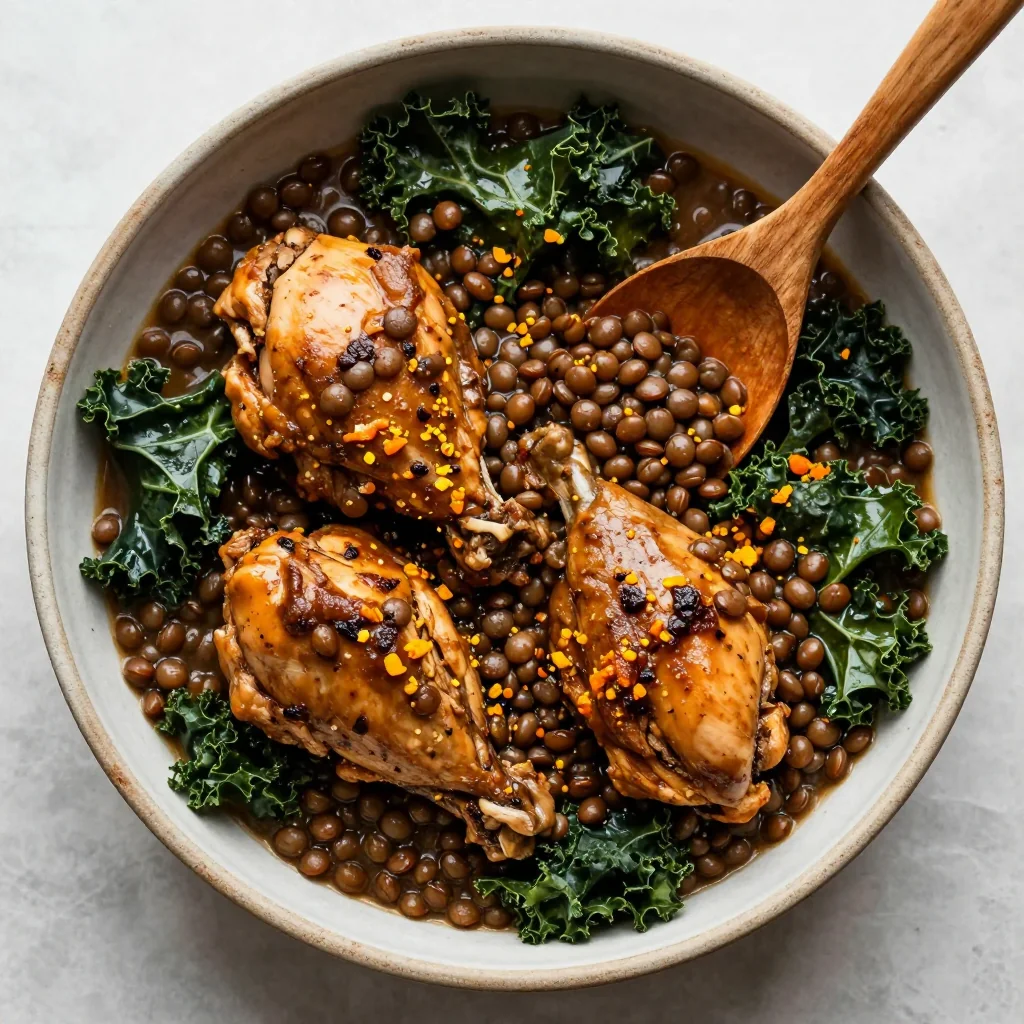 slow cooker chicken and lentil stew with kale and citrus zest