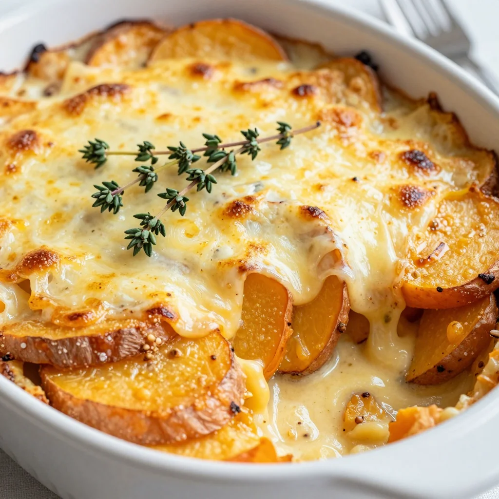 sweet potato gratin with gruyere cheese for winter holiday sides