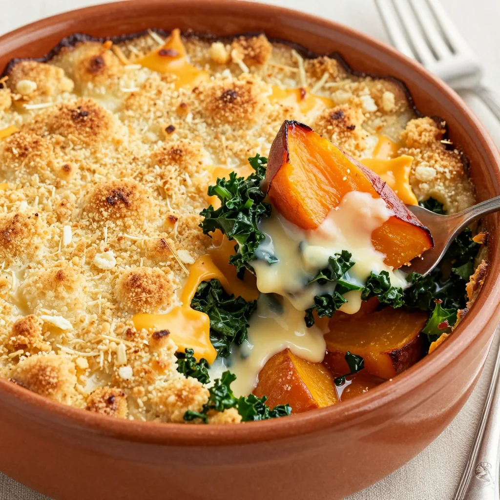 warm baked sweet potato and kale casserole for winter family meals