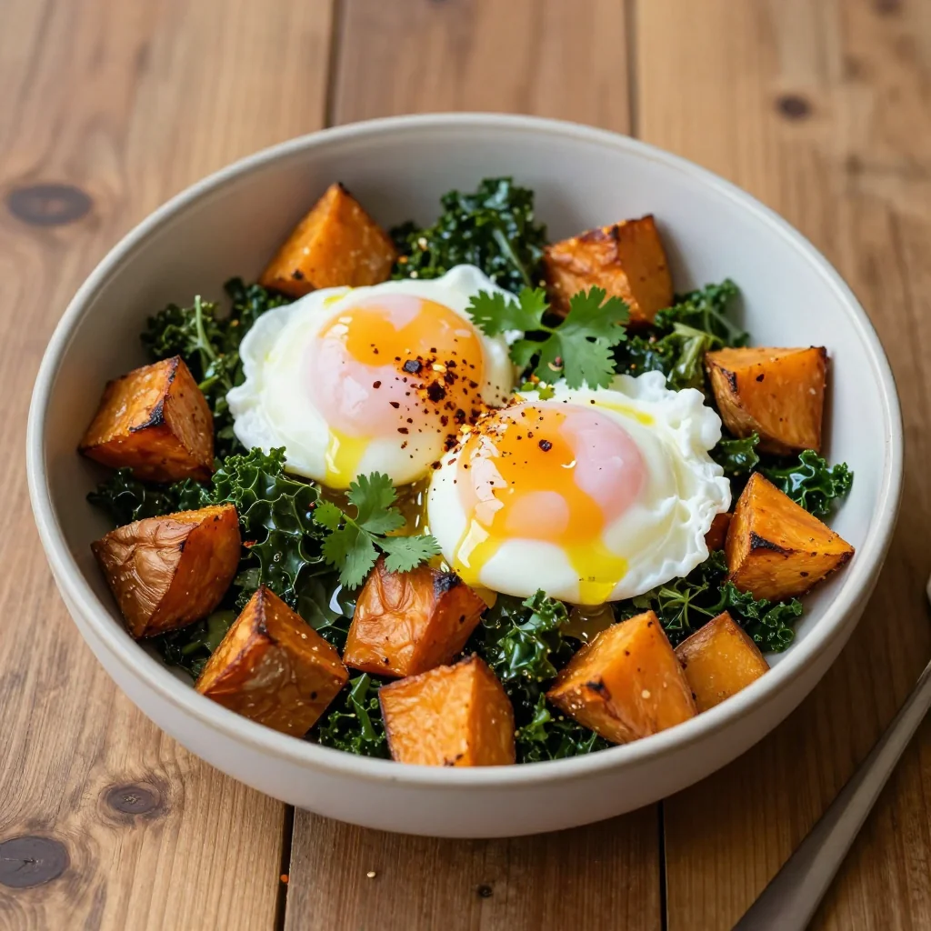 warm breakfast bowl with roasted sweet potatoes and poached eggs
