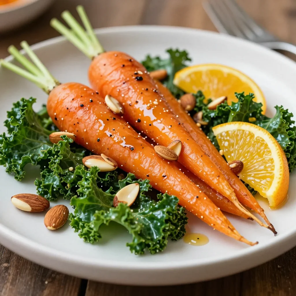 warm citrus and kale salad with roasted carrots and toasted almonds