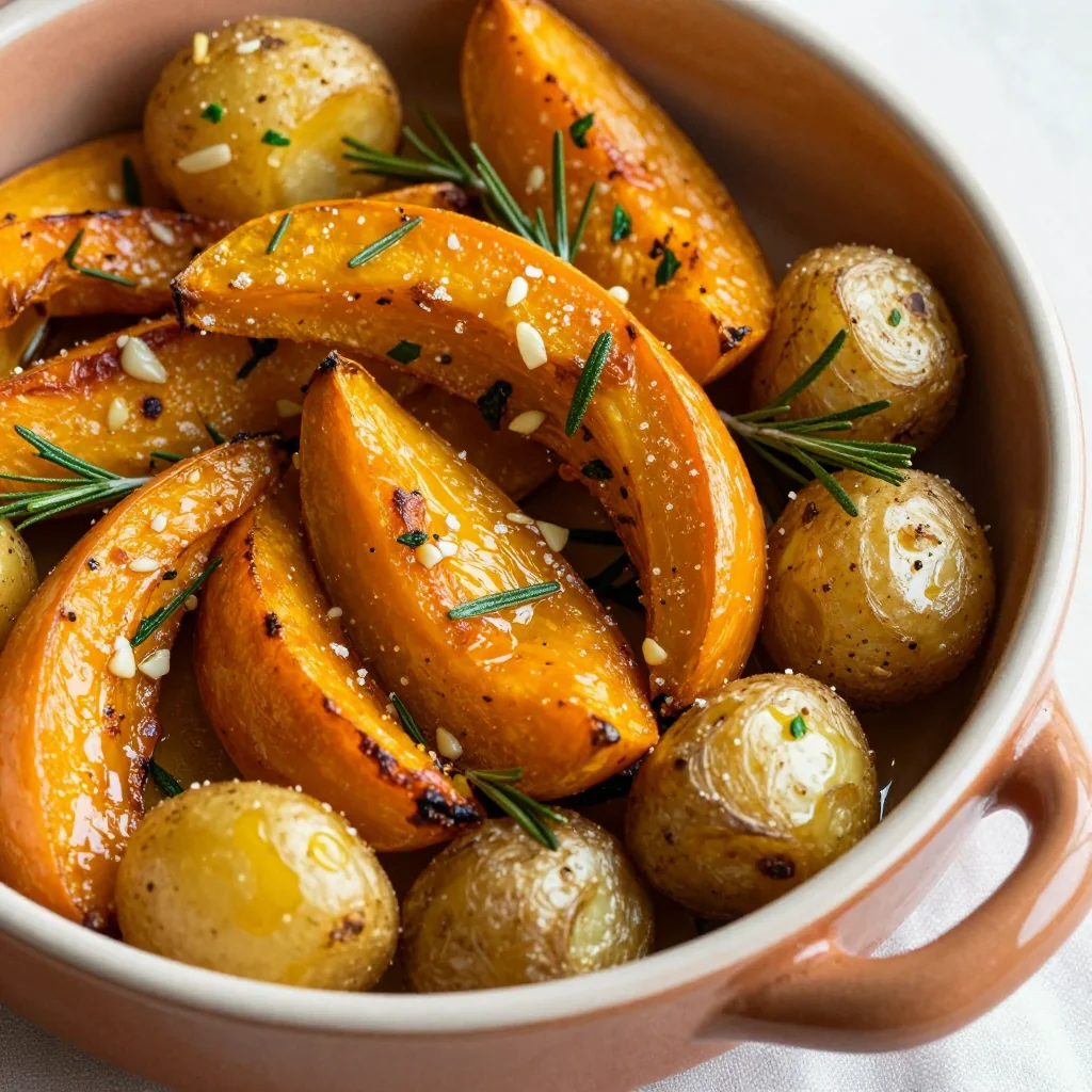 warm garlic and herb roasted winter squash and potatoes for cozy dinners