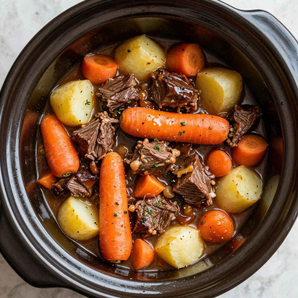 warm slow cooker beef stew with potatoes and carrots for busy families