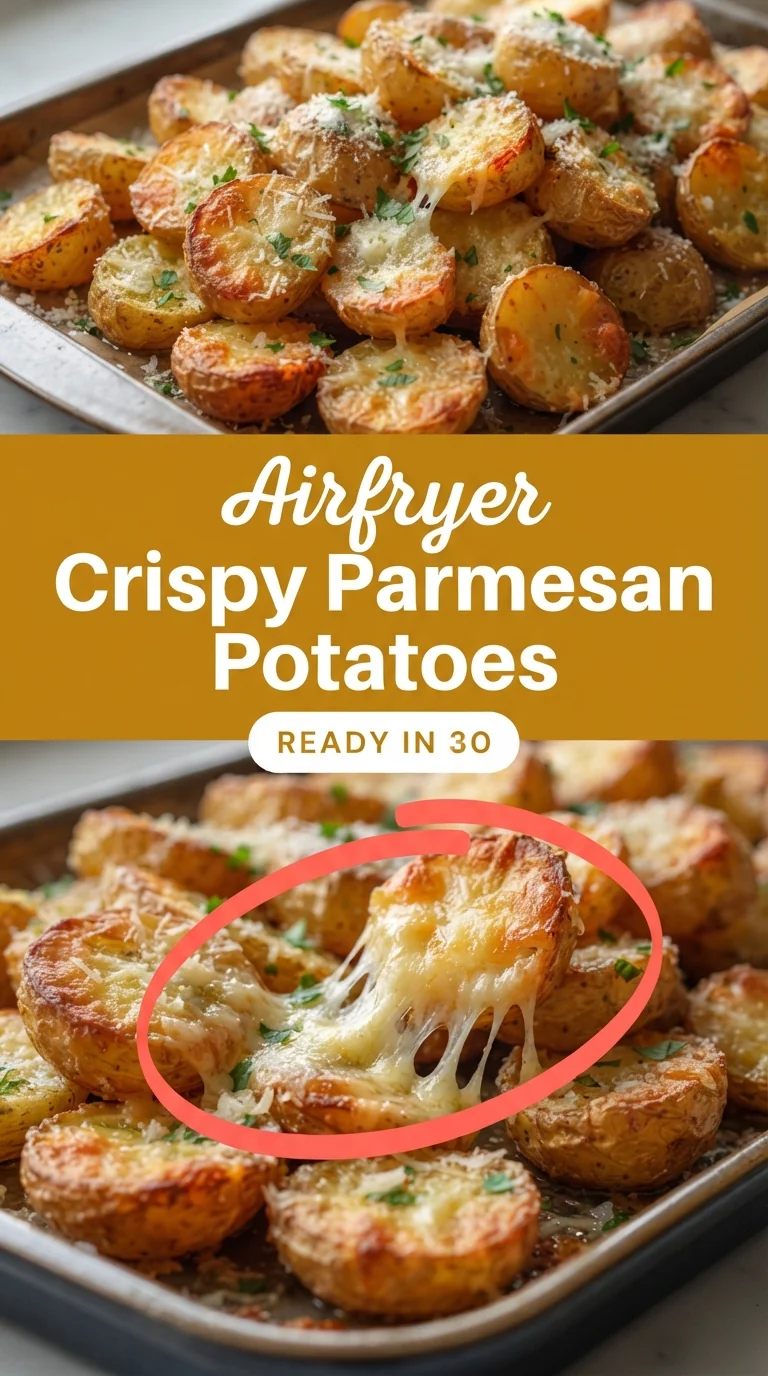 Golden potato wedges coated in Parmesan, garlic, paprika and parsley, crisped in an air fryer on a baking sheet.