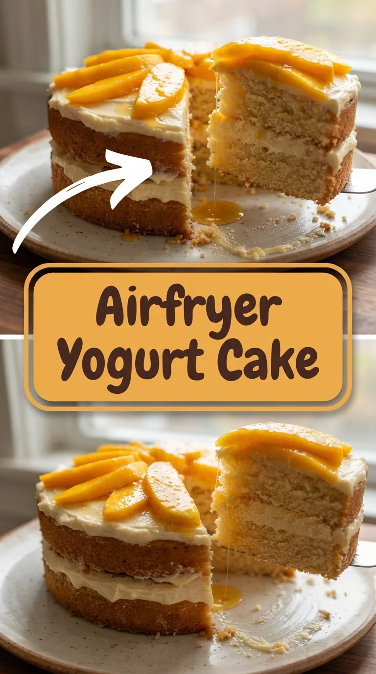 A slice of golden air‑fryer mango yogurt cake on a plate, topped with fresh mango cubes and a dusting of powdered sugar.