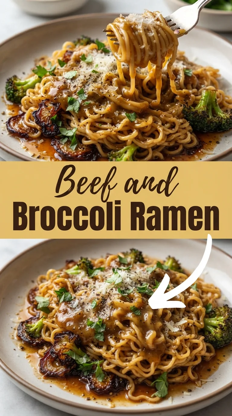 Bowl of ramen noodles topped with sliced beef, green broccoli florets, and a creamy garlic broth, sprinkled with Parmesa