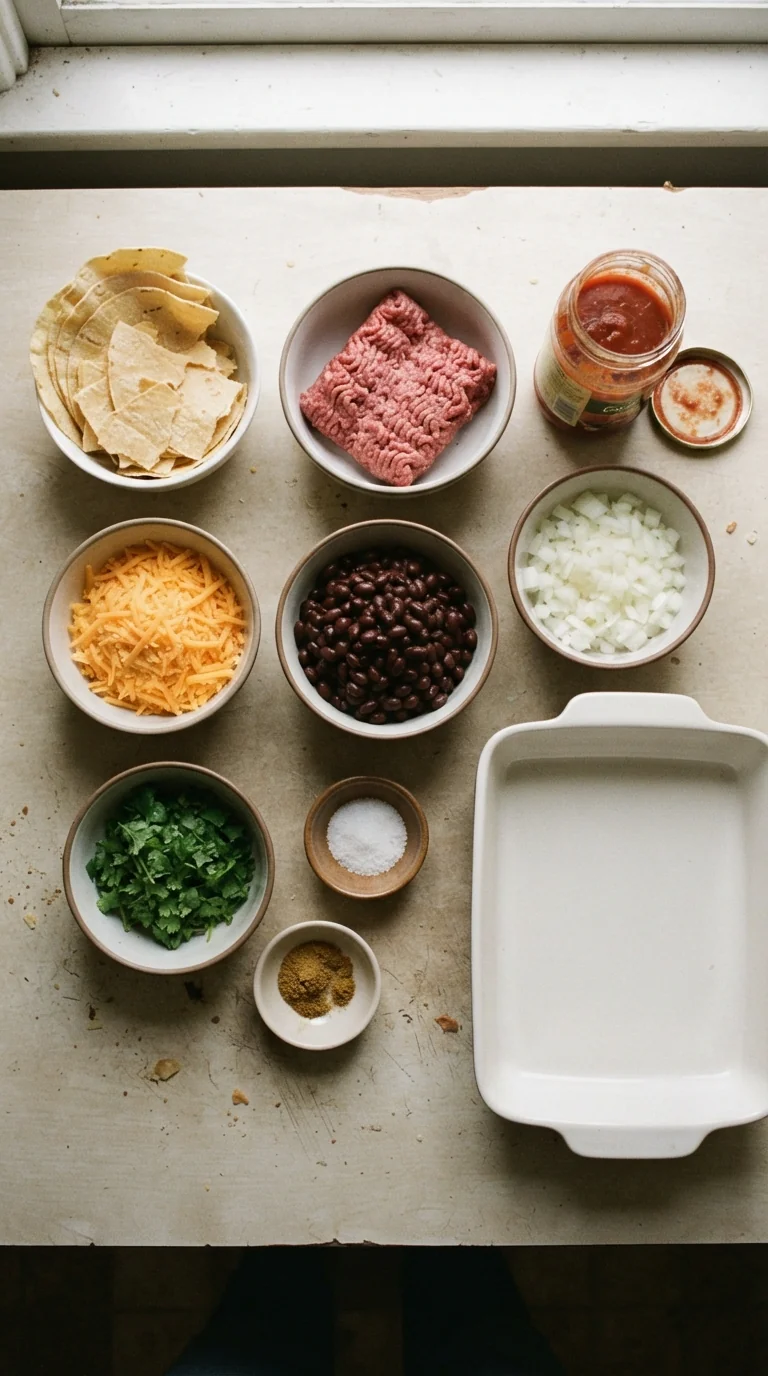 Ingredients for Cheesy Beef Enchilada Bake
