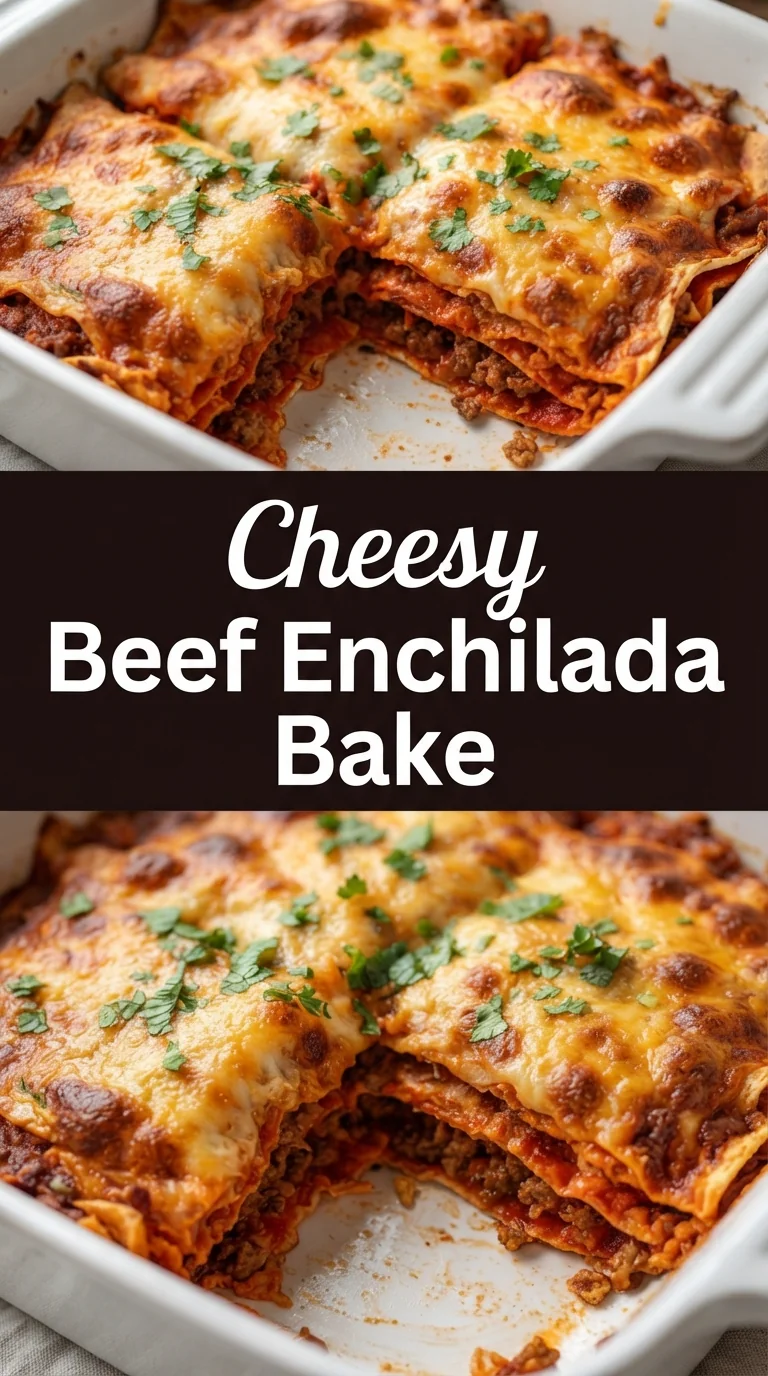 A golden baked casserole of corn tortillas, beef, beans, and melted cheddar cheese.