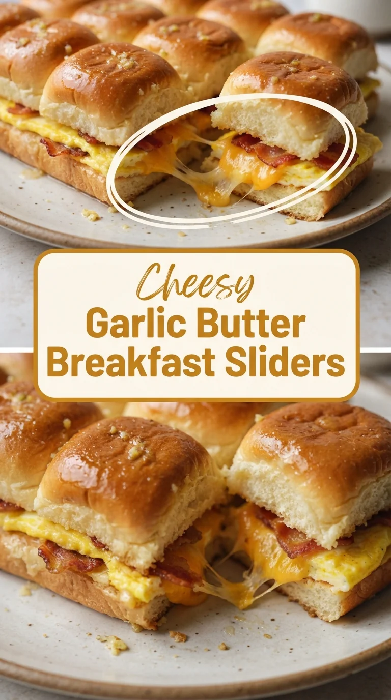 Soft brioche sliders filled with scrambled egg, bacon, cheddar, topped with melted garlic butter