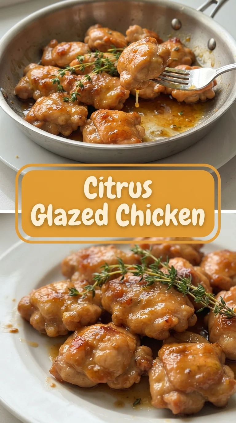 Bite-size chicken thigh pieces glazed with orange-lemon honey sauce on a white plate.