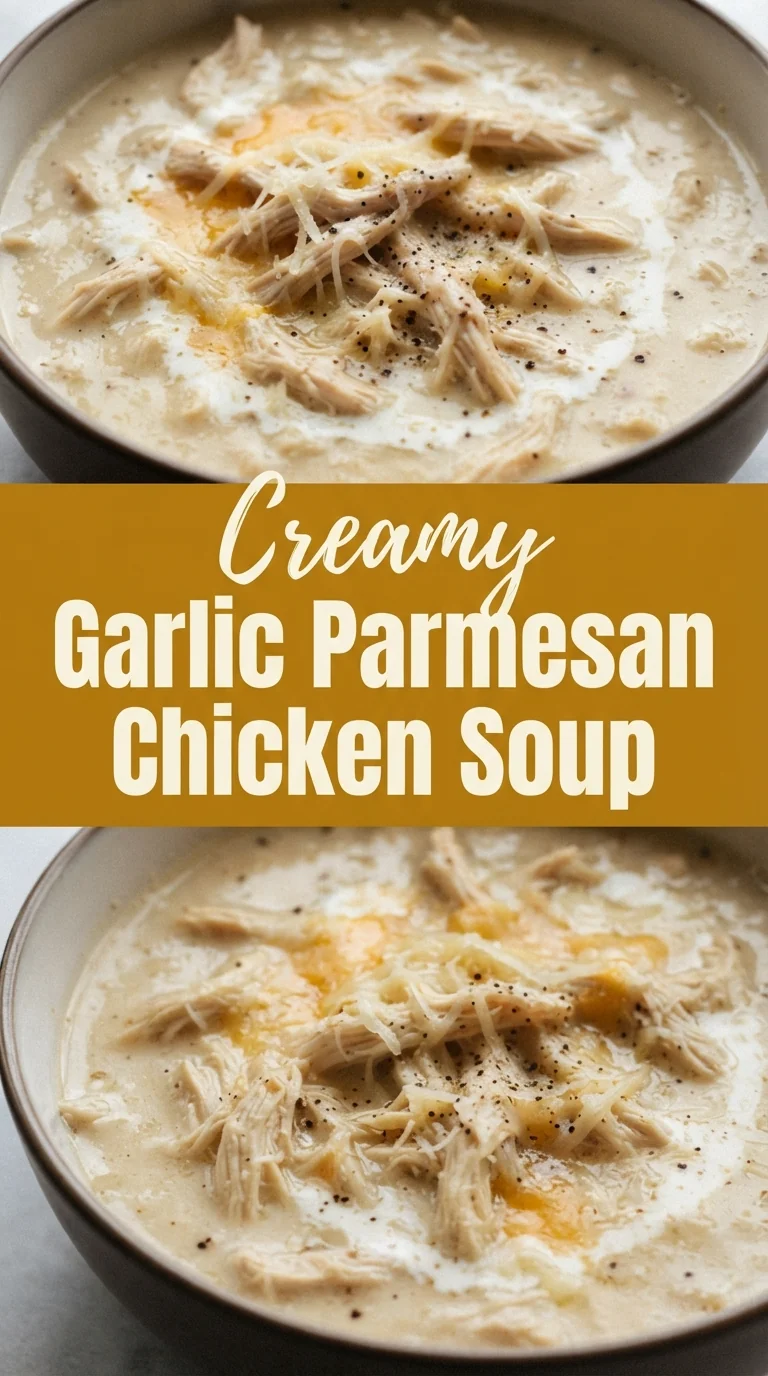 A bowl of creamy garlic parmesan chicken soup topped with fresh herbs.