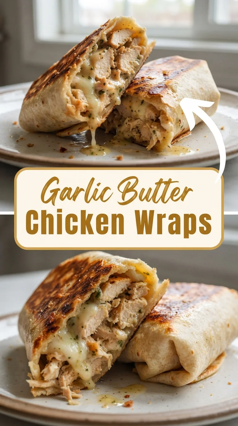 Flour tortillas filled with shredded chicken, cheddar cheese, tomato, lettuce, and a glossy garlic butter sauce, folded 