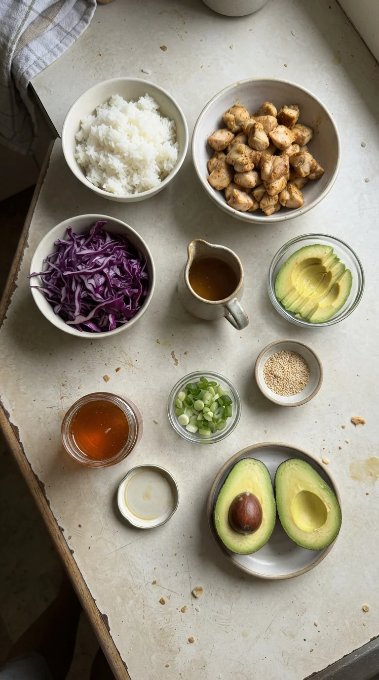 Ingredients for Honey Lime Chicken & Avocado Rice Bowl