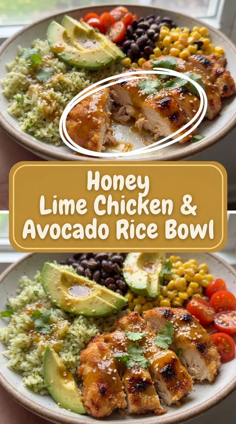 A white bowl filled with fluffy rice, honey‑lime chicken pieces, sliced avocado, shredded red cabbage, spring onion and 