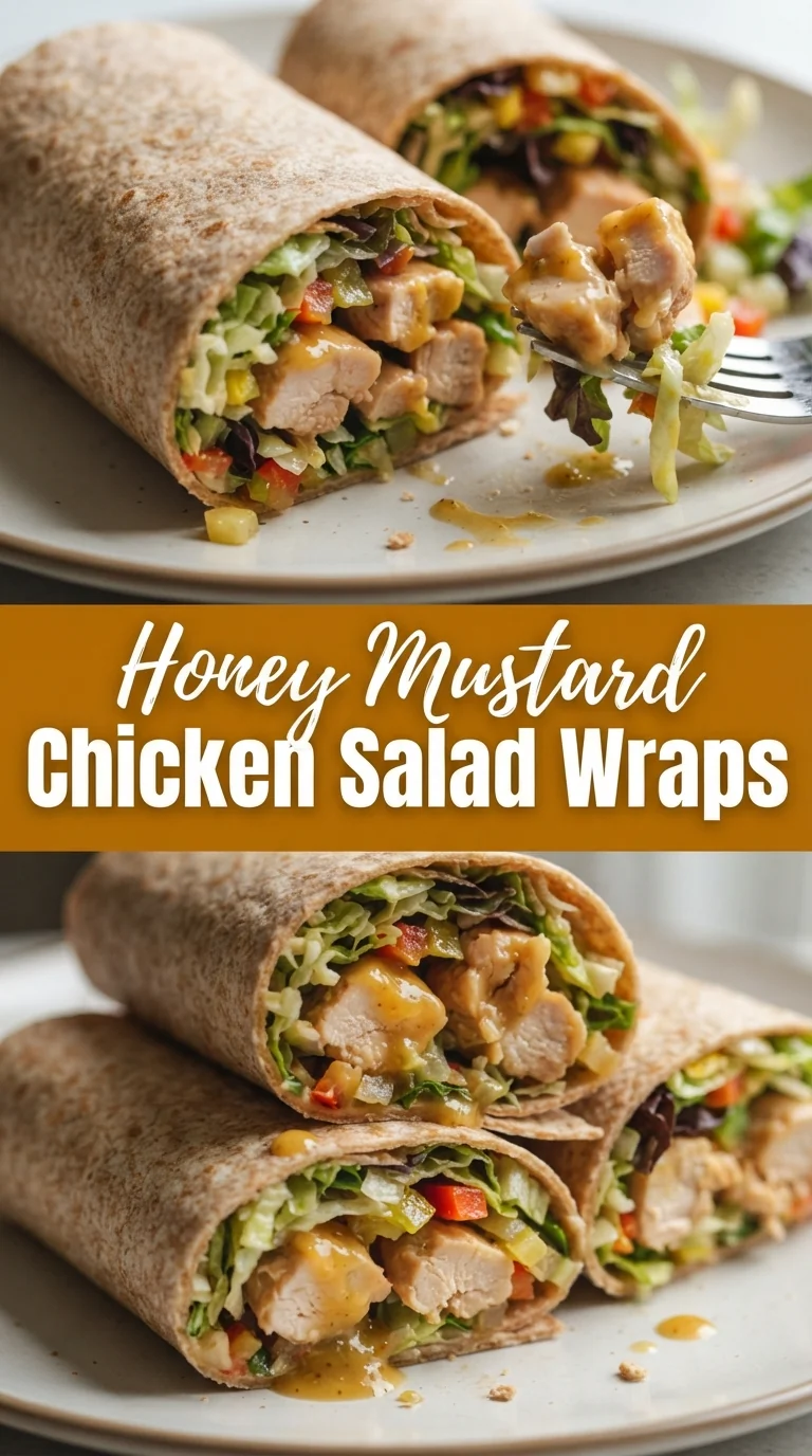 Honey mustard chicken salad wrapped in whole wheat tortilla with greens, tomatoes, carrots, and cucumbers.