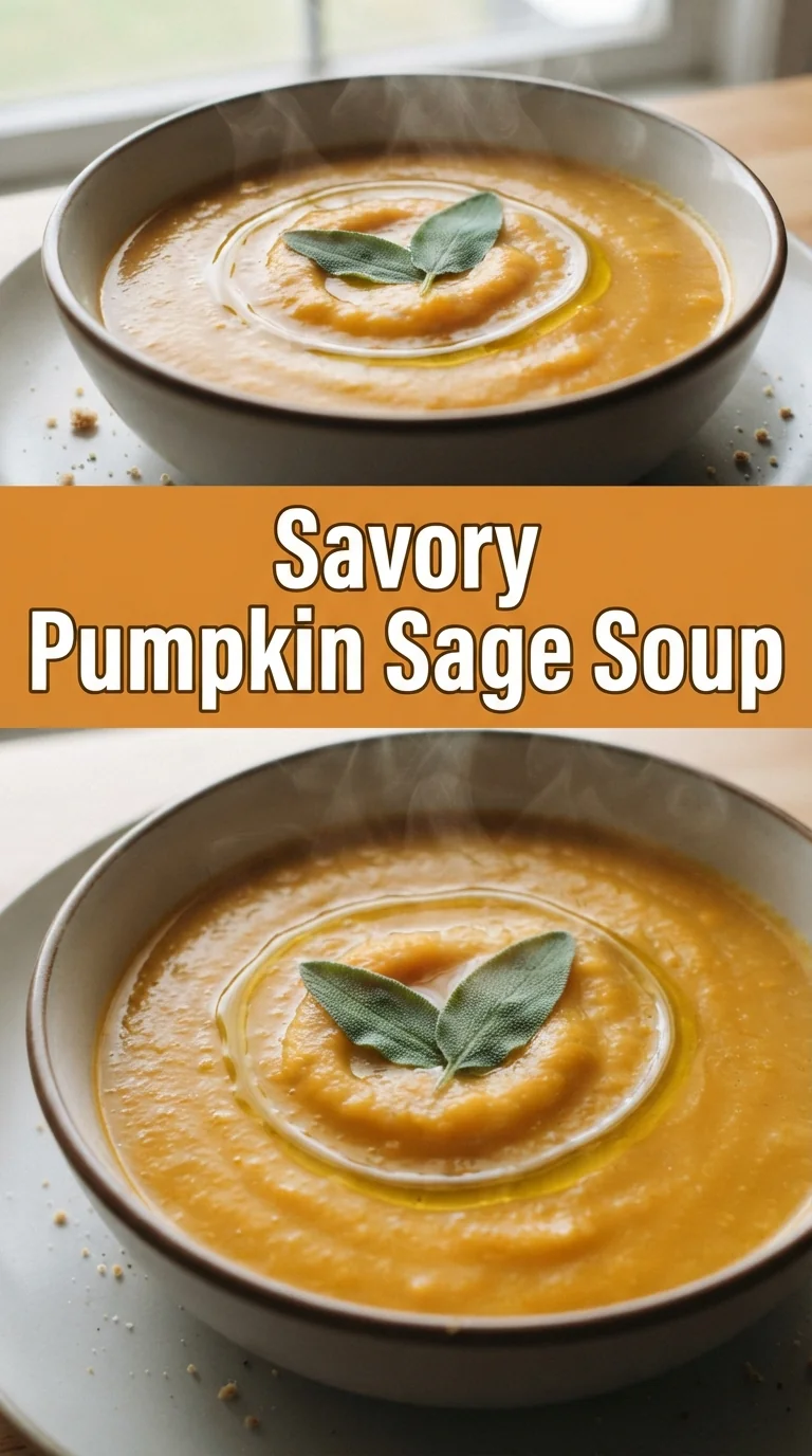 A bowl of velvety pumpkin soup garnished with fresh sage leaves and a drizzle of olive oil.