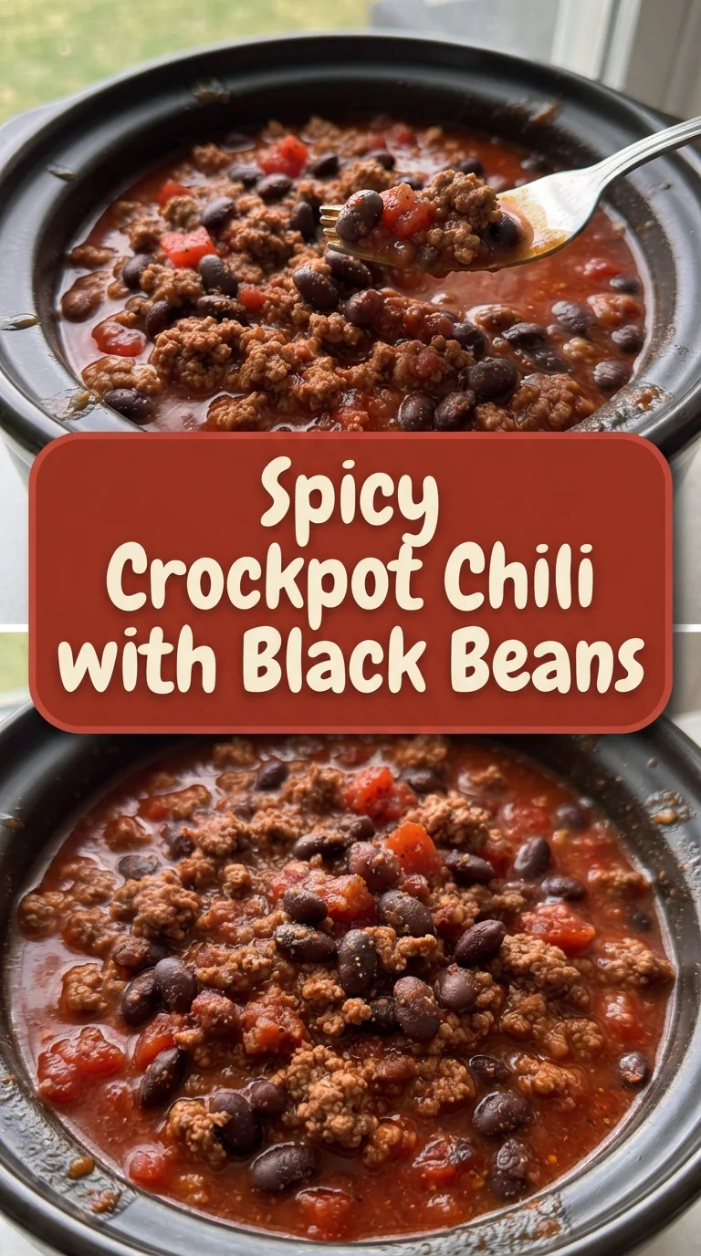 A bowl of spicy crockpot chili with black beans, beef, and tomatoes.