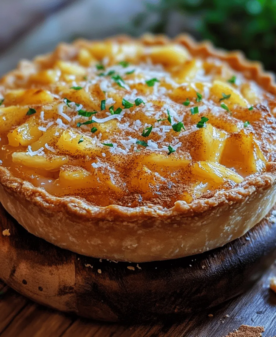 Imagine a slice of sunshine on your plate, brimming with the vibrant flavors of the tropics. The <strong>Tropical Paradise Pineapple Pie</strong> is not just a dessert; it’s an experience that transports you to a sun-kissed beach with every bite. This delightful pie combines the sweet, tangy essence of fresh pineapples with a flaky crust, making it a perfect treat for any occasion. Whether you’re hosting a summer barbecue, celebrating a special event, or simply looking to indulge your sweet tooth, this pie is sure to impress with its refreshing flavors and inviting aroma.” /></p>
</p>
<h3>Step-by-Step Instructions for Making Tropical Paradise Pineapple Pie</h3>
</p>
<h4>Preheating the Oven: Why Temperature Matters in Baking</h4>
<p>The first step in creating a perfect Tropical Paradise Pineapple Pie is preheating your oven to 425°F (220°C). Preheating is crucial because it ensures that your pie bakes evenly and achieves that desirable golden brown crust. An oven that is too cool can result in a soggy crust, while one that is too hot might burn the top before the filling is cooked through. Once your oven reaches the desired temperature, you can proceed to prepare your pineapple filling.</p>
</p>
<h4>Preparing the Pineapple Filling: Techniques for Cooking and Thickening</h4>
<p>To create a rich and flavorful filling, start by draining your canned pineapple (if using) to remove excess juice. Retain about a quarter cup of the juice for later use. In a medium saucepan, combine the drained pineapple, sugar, cornstarch, the reserved pineapple juice, and a splash of lemon juice. The sugar will enhance the sweetness of the pie, while the cornstarch acts as a thickening agent, ensuring your filling has the perfect consistency.</p>
</p>
<p>Cook this mixture over medium heat, stirring frequently to prevent sticking. As the mixture heats up, the pineapple will release its natural juices and the cornstarch will activate, thickening the filling. This process typically takes about 5 to 10 minutes. Once the filling has thickened to a pudding-like consistency, remove it from the heat and allow it to cool slightly before pouring it into your prepared pie crust.</p>
</p>
<h4>Assembling the Pie: Tips for Working with Pre-Made Crusts</h4>
<p>If you’ve opted for a pre-made pie crust, unroll it carefully and place it into a 9-inch pie pan. Make sure to press the crust firmly against the bottom and sides, trimming any excess that hangs over. To prevent the crust from bubbling up during baking, use a fork to prick the bottom of the crust lightly. This technique allows steam to escape and ensures an evenly baked base.</p>
</p>
<p>Pour the cooked pineapple filling into the crust, spreading it evenly. If desired, you can enhance the presentation by adding a handful of shredded coconut on top of the filling before placing the second crust on top. If you’re using a lattice crust or cutting shapes from another rolled crust, now is the time to arrange them over the filling. Seal the edges of the crust by crimping them together with your fingers or a fork for a polished look.</p>
</p>
<h4>Baking Process: Achieving the Perfect Golden Crust</h4>
<p>Place your assembled pie into the preheated oven and bake for 30 to 35 minutes, or until the crust is golden brown. To prevent the edges from browning too quickly, consider using a pie shield or covering the edges with aluminum foil during the last 10 to 15 minutes of baking. This technique keeps the crust from burning while allowing the filling to bubble up beautifully.</p>
</p>
<p>Keep an eye on the pie during the last few minutes of baking. Once the crust is golden and the filling is bubbling, your pie is ready to come out of the oven.</p>
</p>
<h4>Cooling and Serving: Importance of Letting the Pie Rest</h4>
<p>After baking, it’s essential to let your Tropical Paradise Pineapple Pie cool at room temperature for at least 2 hours. This resting period allows the filling to set properly, making it easier to slice and serve. Cutting into a warm pie can lead to a runny filling, so patience is key. Once cooled, you can serve the pie plain or topped with whipped cream for an extra indulgent treat.</p>
</p>
<h3>Serving Suggestions and Variations</h3>
</p>
<h4>Best Ways to Serve the Pie (Warm vs. Room Temperature)</h4>
<p>Tropical Paradise Pineapple Pie can be enjoyed warm or at room temperature. Serving it warm allows the flavors to be more pronounced and provides a comforting experience, while room temperature offers a refreshing taste, particularly on hot days. Each option has its charm, so feel free to experiment and see which you prefer!</p>
</p>
<h4>Possible Garnishes: Shredded Coconut and Others</h4>
<p>To elevate your pie presentation, consider garnishing it with toasted shredded coconut, which adds a delightful crunch and enhances the tropical flavor. Fresh mint leaves can also provide a pop of color and freshness. For a whimsical touch, you could sprinkle some edible flowers around the serving plate.</p>
</p>
<h4>Creative Variations: Adding Other Tropical Fruits or Spices</h4>
<p>If you want to add an exciting twist to the traditional pineapple filling, consider mixing in other tropical fruits such as mango, papaya, or banana. These fruits complement the pineapple beautifully and create a more complex flavor profile. Additionally, spices like cinnamon or nutmeg can be added to the filling for a warm undertone that enhances the overall taste.</p>
</p>
<h4>Pairing Suggestions: Ideal Beverages to Accompany the Pie</h4>
<p>A slice of Tropical Paradise Pineapple Pie pairs wonderfully with several beverages. For a refreshing option, serve it with a chilled glass of coconut water or lemonade. If you’re in the mood for something stronger, a fruity sangria or a tropical cocktail like a piña colada would complement the pie perfectly. For a non-alcoholic choice, consider iced tea infused with tropical flavors like hibiscus or passion fruit.</p>
</p>
<h3>Nutritional Information</h3>
</p>
<h4>Breakdown of Calories and Nutritional Content per Serving</h4>
<p>Each slice of Tropical Paradise Pineapple Pie contains approximately 250 calories. The nutritional content may vary based on the specific ingredients used, but on average, you can expect the following per serving:</p>
<p>– Total Fat: 10g</p>
<p>– Saturated Fat: 5g</p>
<p>– Cholesterol: 20mg</p>
<p>– Sodium: 150mg</p>
<p>– Total Carbohydrates: 40g</p>
<p>– Dietary Fiber: 1g</p>
<p>– Sugars: 18g</p>
<p>– Protein: 2g</p>
</p>
<h4>Healthier Alternatives: Substituting Ingredients for Dietary Needs</h4>
<p>To make this pie more health-conscious, consider using a whole grain crust for added fiber or a sugar substitute like stevia or monk fruit sweetener to reduce the overall sugar content. You can also opt for fresh pineapple instead of canned to cut down on added sugars and preservatives.</p>
</p>
<h4>Discussing Portion Sizes and Moderation</h4>
<p>While this pie is undeniably delicious, it’s important to enjoy it in moderation. A single slice can satisfy your sweet tooth while allowing you to indulge without overdoing it. Pairing a slice with fresh fruit can also help balance the meal, providing additional nutrients.</p>
</p>
<h3>Conclusion</h3>
<p>Making a Tropical Paradise Pineapple Pie is a delightful experience that brings the flavors of the tropics right into your home. From the moment you start cooking the pineapple filling to the satisfying first bite of your perfectly baked pie, the entire process is filled with joy and anticipation. This pie not only serves as a wonderful dessert but also as a centerpiece for gatherings with family and friends.</p>
</p>
<p>We encourage you to try this recipe and experience the deliciousness of the Tropical Paradise Pineapple Pie yourself. Share it with loved ones to create lasting memories, and let the fresh ingredients inspire your future baking adventures. There’s no better way to celebrate the joy of baking than by savoring a slice of this delightful pie, reminding us all of the sweet moments life has to offer.</p>
</div>