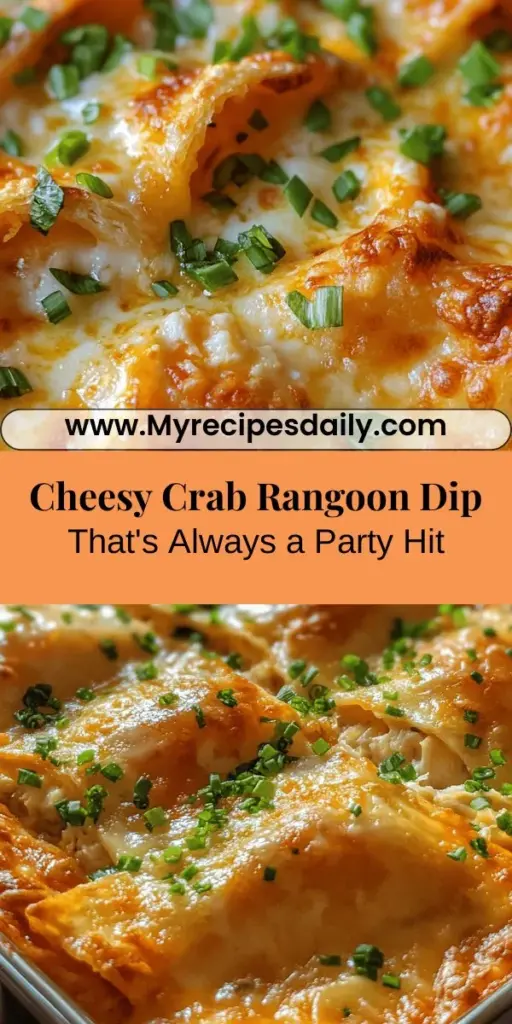 Looking for an appetizer that will impress your guests? Try this Cheesy Crab Rangoon Dip Delight! Combining the beloved flavors of crab rangoon into a creamy, shareable dip, it's perfect for game nights or festive gatherings. Made with cream cheese, lump crab meat, and melty mozzarella, it's a crowd-pleaser for all ages. Serve it with wonton chips or crackers for a delicious experience everyone will love! #CrabRangoonDip #Appetizer #PartyFood #GameDaySnacks #ComfortFood #DeliciousDips
