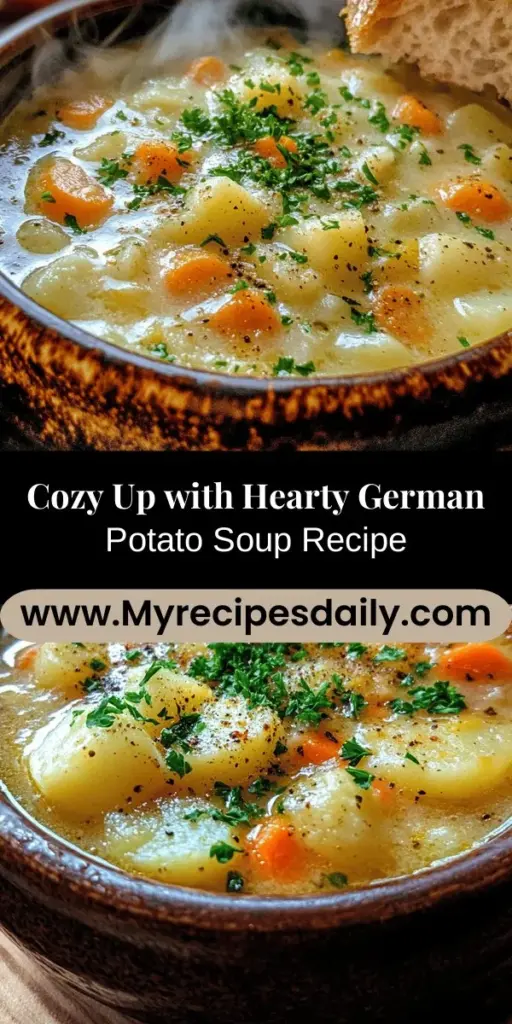 Warm up with a Hearty German Potato Soup that’s perfect for chilly days! This comforting dish features creamy russet potatoes, aromatic vegetables, and robust seasonings that create a nurturing bowl of goodness. Whether as a starter or main course, this soup brings family and friends together. Discover the flavors and traditions behind this beloved German recipe, and try it for yourself! #GermanPotatoSoup #ComfortFood #HomemadeSoup #SoupRecipe #HeartyMeals