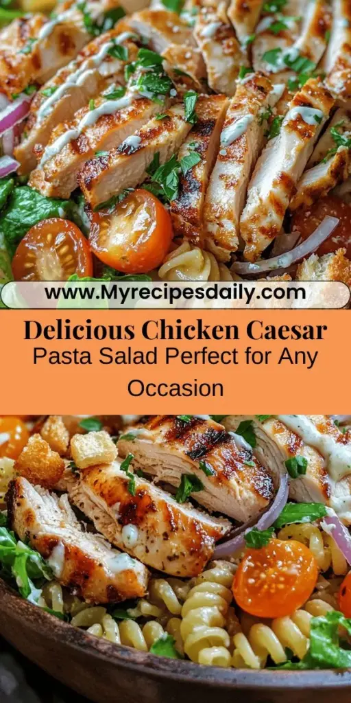 Discover the ultimate Chicken Caesar Pasta Salad that perfectly blends flavor and texture! This dish combines grilled chicken, crisp romaine, and creamy Caesar dressing with hearty pasta, making it perfect for any occasion, from summer barbecues to potlucks. Customize it with fresh ingredients or add extras like croutons for crunch. Serve it chilled for the best taste experience. Try this delicious recipe today! #ChickenCaesarSalad #PastaSalad #HealthyRecipes #Foodie #EasyCooking #MealPrep #DeliciousDishes