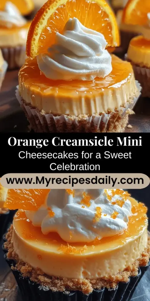 Get ready to indulge in a delightful treat with these Orange Creamsicle Mini Cheesecakes! Perfect for any occasion, these individual desserts combine the vibrant flavors of fresh oranges and creamy cheesecake with a crunchy graham cracker crust. Easy to make in under an hour, they’re sure to impress your guests or satisfy your sweet tooth. Perfect for summer gatherings or any time you crave a nostalgic dessert. #MiniCheesecakes #DessertLovers #BakingJoy #SummerTreats #CreamsicleMagic