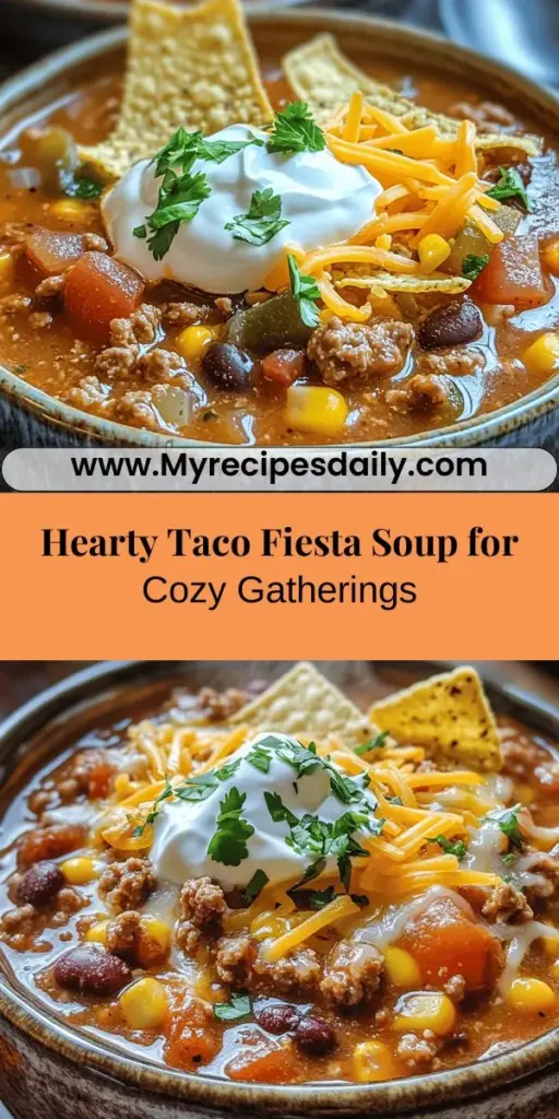 Warm up with a bowl of Taco Fiesta Soup, a delightful mix of flavors inspired by traditional tacos! This easy-to-make recipe is not only comforting but also versatile, catering to various dietary needs from meat lovers to vegetarians. Packed with protein, fiber, and vibrant ingredients, it's perfect for busy nights or festive gatherings. Customize your bowl with your favorite toppings for an unforgettable meal! #TacoFiestaSoup #SoupSeason #ComfortFood #EasyRecipes #HealthyEating #Foodie #MealPrep #CozyVibes
