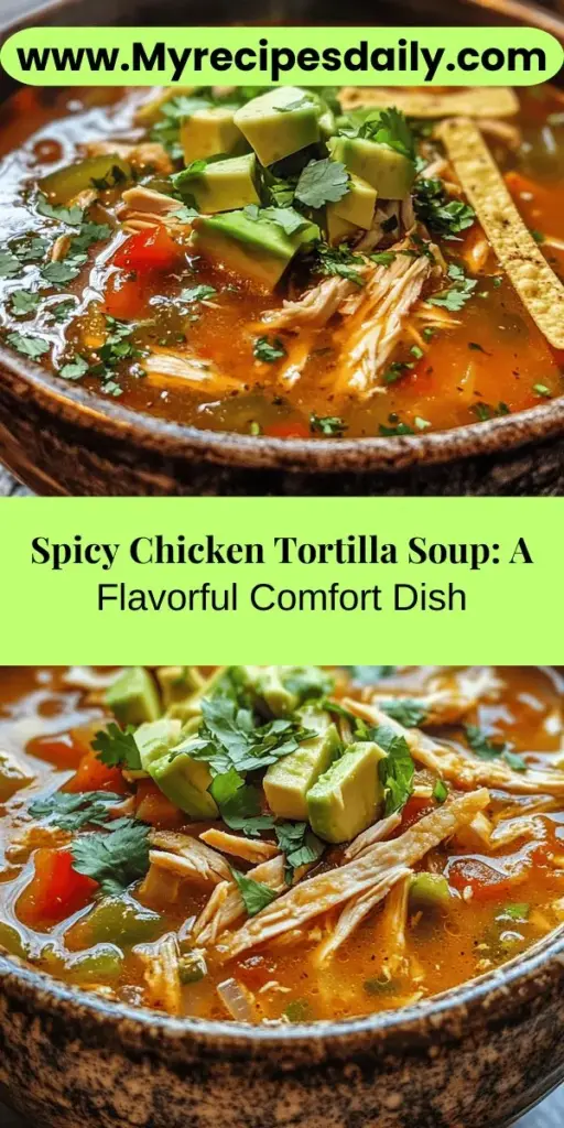 Warm up with this delicious Spicy Chicken Tortilla Soup! Packed with tender chicken, fresh veggies, and a blend of zesty spices, this comforting dish is perfect for chilly nights or friendly gatherings. Top with avocado, crispy tortilla strips, and lime for an extra flavor boost. Easy to make and customizable, it's a nourishing meal that'll leave everyone asking for seconds. Try this recipe and bring a taste of Mexico to your table! #TortillaSoup #ChickenSoup #ComfortFood #MexicanCuisine #SoupRecipe #SpicyChickenSoup #EasyRecipes